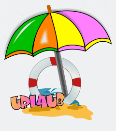 Grafik Sonnenschirm, Rettungsring und Schriftzug Urlaub